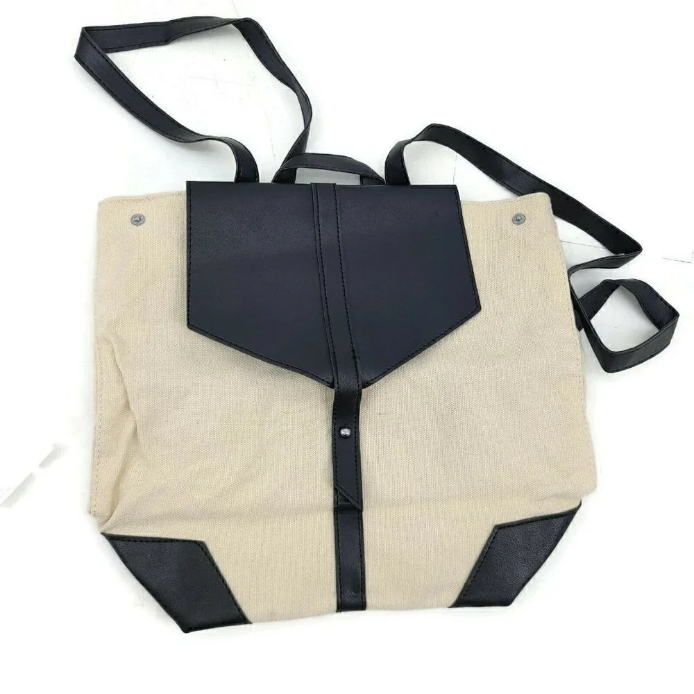 New Deux Lux Ivory Canvas Backpack Black Vegan Leather Bag Purse